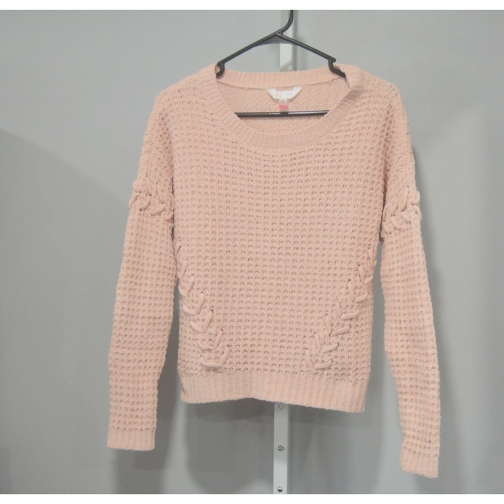 No Boundaries Size S Pink Chenille Sweater Decorative Lace-Up Waffle Weave